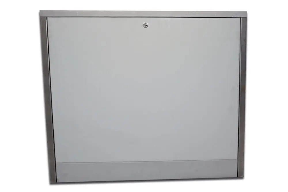 Verteilerschrank aus Metall mit einer glatten, grauen Oberfläche und silbernem Rahmen. Anwendung in industriellen Verteilungen, z. B. von Roth.